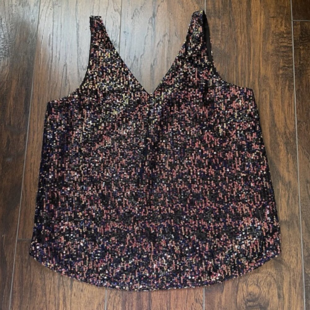Loft Petites Sequin Double V Neck Top Multi-Color Black Tank Sleeveless Small SP